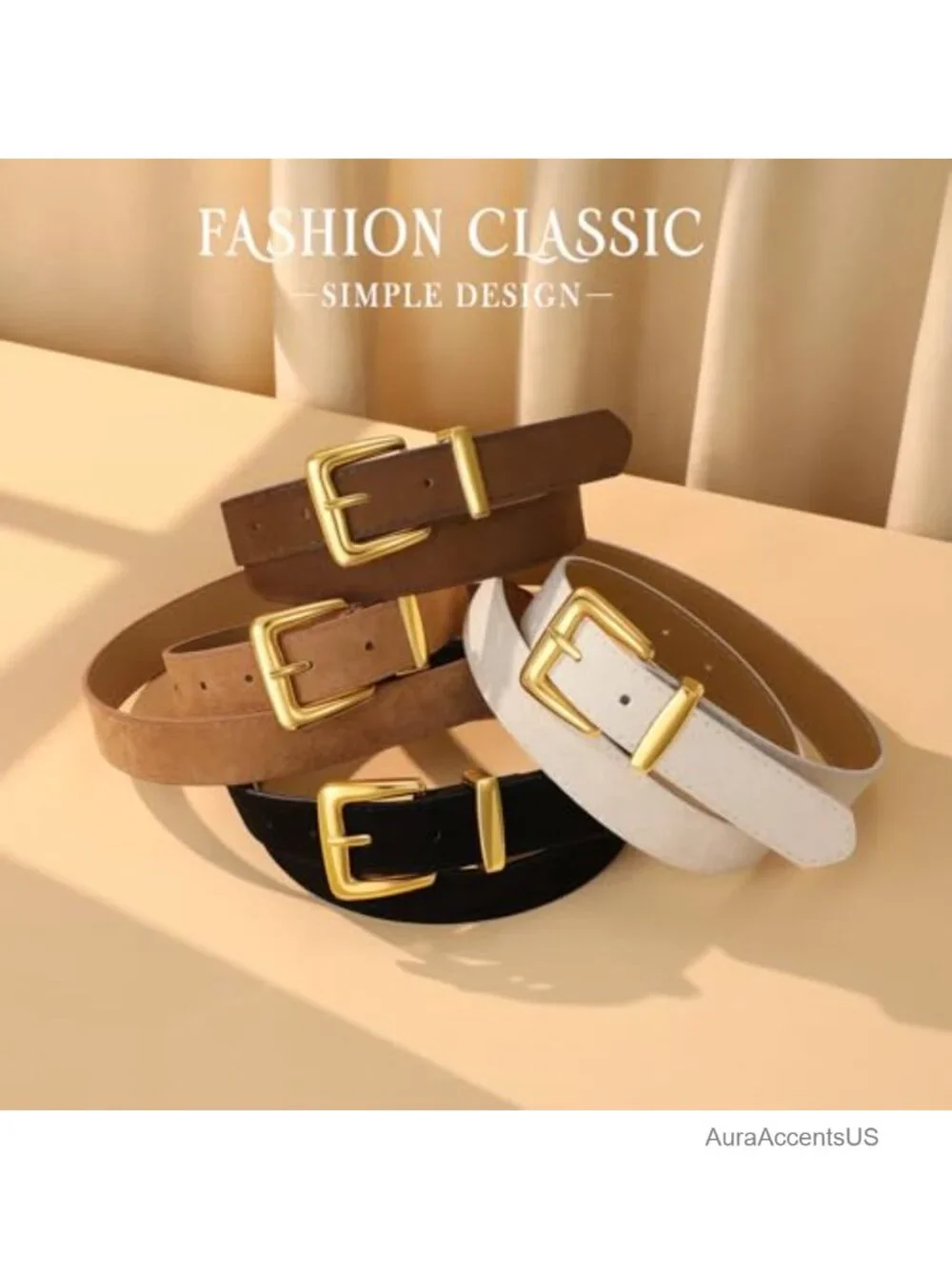 Women's Suede Leather Belt with Vintage Gold Buckle - Adjustable Casual Waist